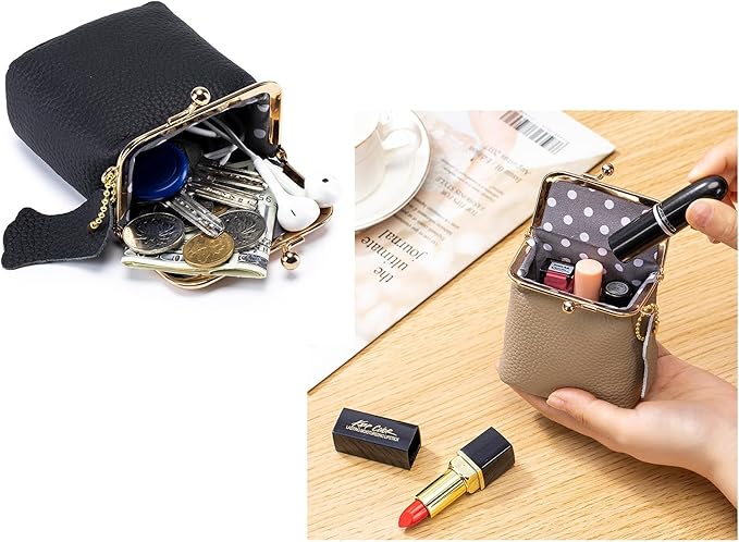 Genuine Leather Mini Jewelry Box for Women, Square Coin Purse with Kiss Lock, Makeup Cosmetic Bag Organizer Travel Case (Large, Yellow)