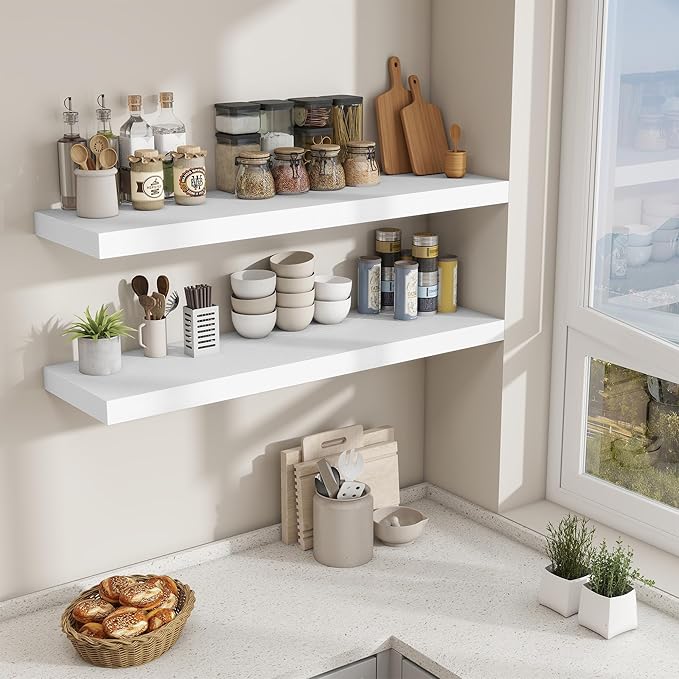 Fun Memories 48 Inch Floating Shelves for Wall - 12 Inch Deep Fireplace Mantel Shelf - Wood Floating Shelf for Wall - Large Storage Shelves Wall Mount for Living Room & Bedroom - White - Set of 2