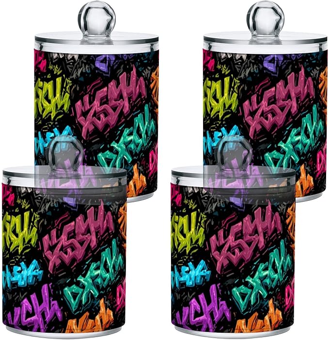 2 Pack Apothecary Jars Artistic Graffiti Font Bathroom Vanity Storage Organizer Set,Small Clear Plastic Storage Jars Bathroom Canister for Cotton Swabs, Rounds, Balls, Qtips,Makeup Sponges, Flo