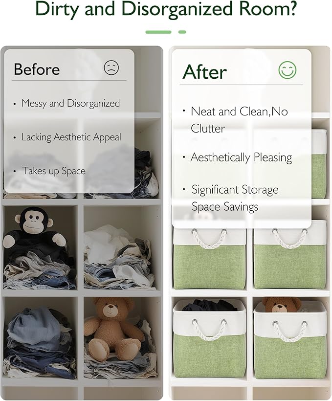 Patvingot 11 Inch Cube Storage Bins, 4 Pack Fabric Storage Cubes with Rope Handles, Organizer Baskets for Closet Shelves, Clothes and Home Organization(White/Green)