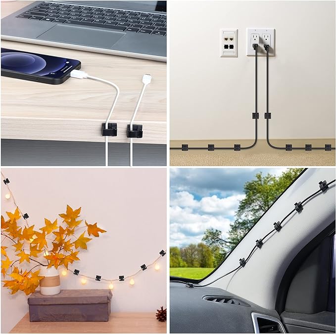 100 PCS Adhesive Cable Clips Black (Small & Large), Upgraded Wire Holder for Wall Cord Organizer Cable Management Under Desk, Outdoor Light Clips Hooks for LED, Car Dash Cam, HDMI, Extension Cord