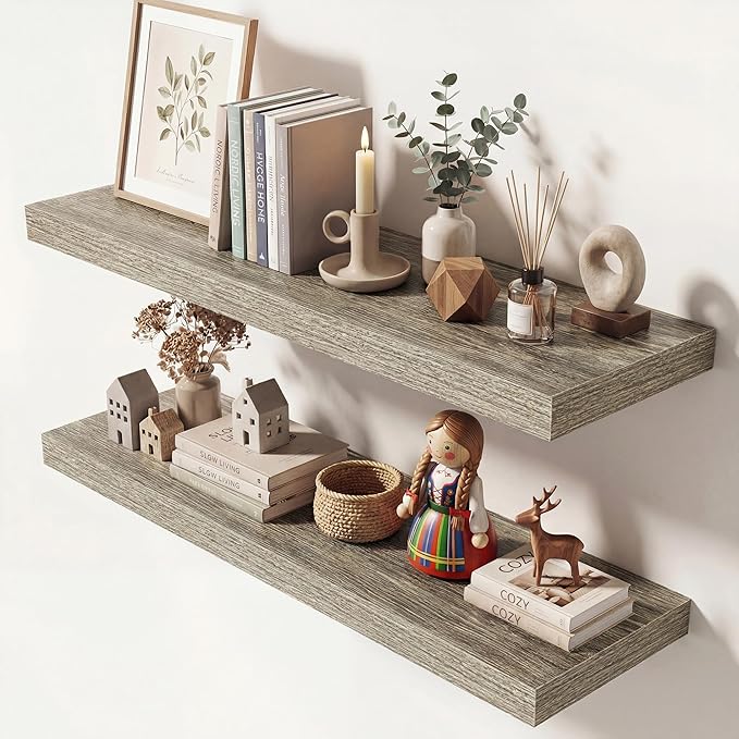 Dreamland 32 Inches Floating Shelves for Wall, 9.3" Deep Long Floating Shelves Set of 2, Large Display & Storage Shelf, Wall Shelf for Bathroom Bedroom Living Room Kitchen Office, Grey