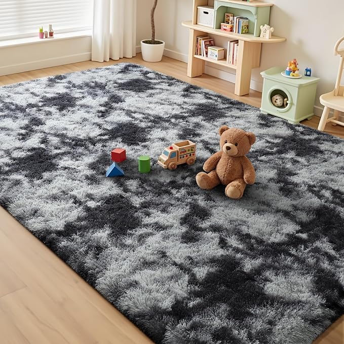 Modern Soft Fluffy Small Shaggy Rug for Bedroom Livingroom Dorm Kids Room Indoor Home Decorative, Non-Slip Plush Furry Fur Area Rugs Comfy Nursery Floor Carpet 7X10 Feet,Tie-Dyed Deep Grey