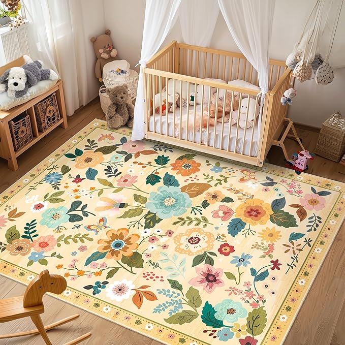 RELEANY Floral Nursery 5x7 Area Rugs Washable Print Boho Cute Carpet Non Slip Flower Low Pile for Living Room Kids Girls Playroom Bedroom Kitchen Office Farmhouse-Ivory/Yellow