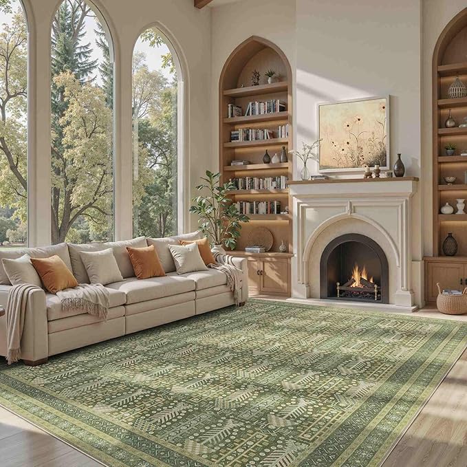 Rugxara 5x7 Washable Area Rugs for Bedroom & Living Room - Floral Boho Vintage Rug,Soft & Non-Slip,Low Pile Wool Carpet for Indoor Dining Room,Girls Room,Nursery Room and Kids Room(Olive Green)
