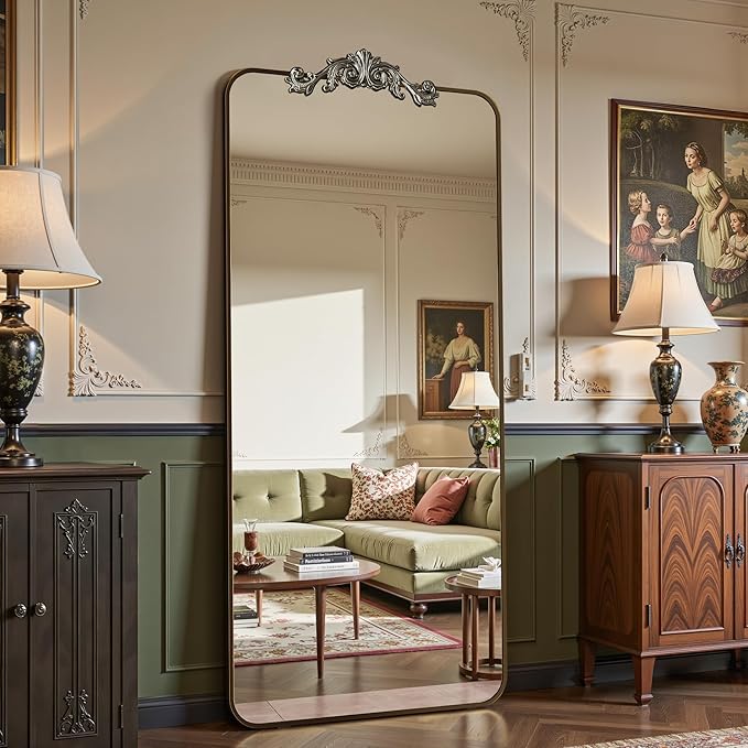 Vintage Full Length Mirror, 71"x32" Floor Mirror with Carved, Full Body Mirrors for Home Decor, Standing/Hanging Large Wall Mirrors for Bedroom/Living Room/Entryway, Bronze, Retro Style