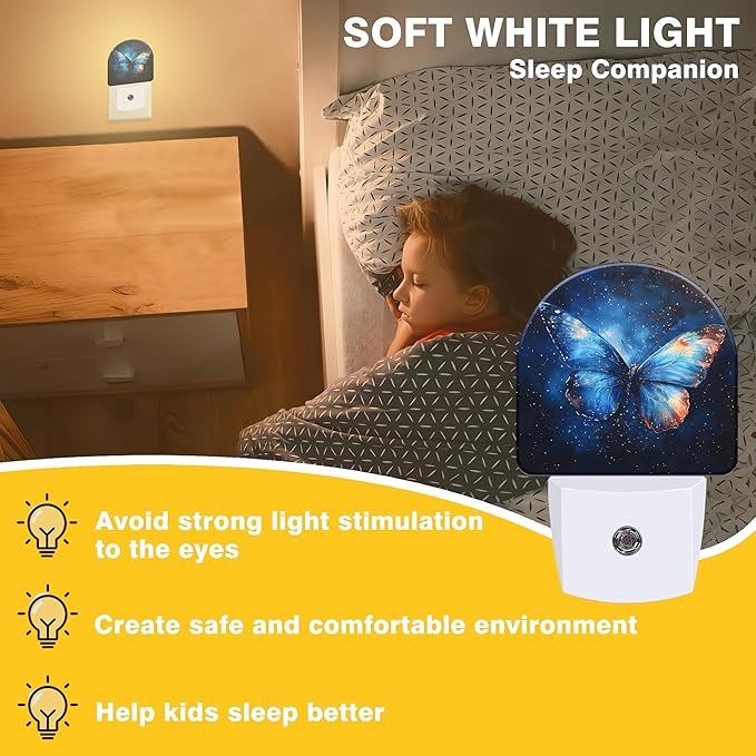 Night Lights Plug into Wall Blue Butterfly with Stars Night Light Dusk to Dawn Smart Sensor Decorative Round Led Lamp for Bedroom Kitchen Hallway Nightlight for Women Men