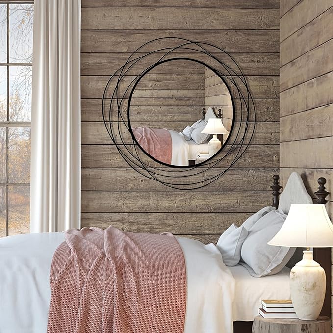 HQiJun Round Wall Mirror - 26.8" Large Black Circle Mirror for Wall with Art Decorative Durable Metal Frame, Modern Hanging Mirror for Bathroom Over Sink, Bedroom, Entryway, Vanity or Living Room
