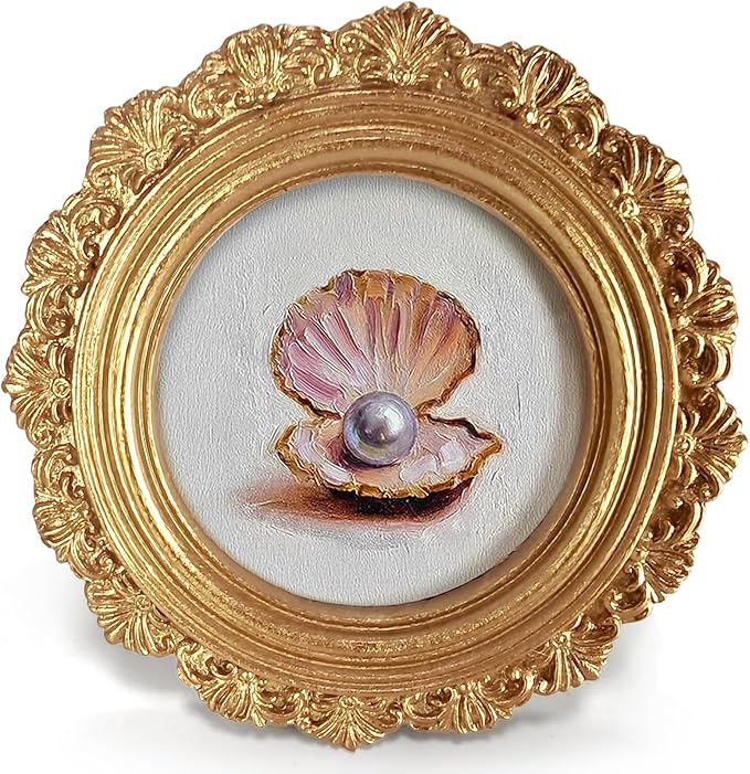 Small Vintage Seashell Pearl Round Picture Frame Wall Decor, Coastal Gold Mini Ornate Photo Frame for TableTop Desk 2.7in Photo,Beach Sea Summer Framed Artwork for Walls Office Bedroom Shelf