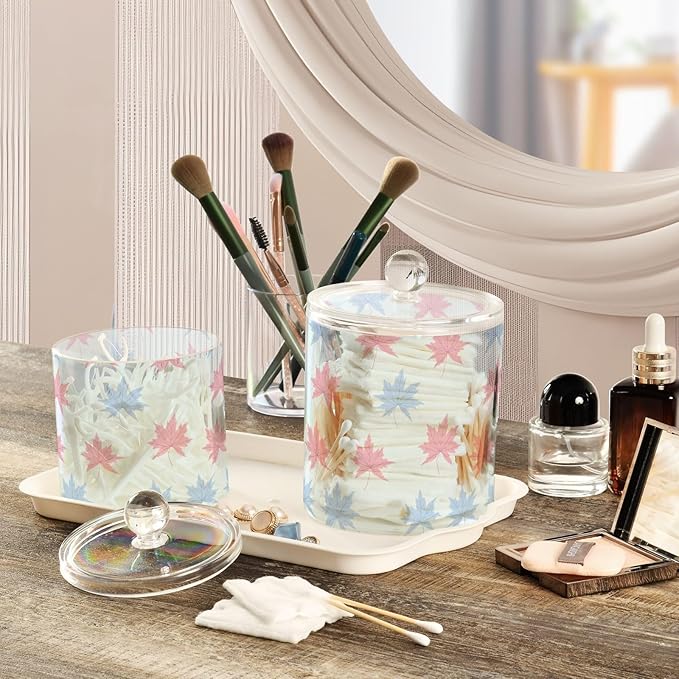 Boho Simple Style Maples Clear Plastic Makeup Organizer Storage with lid Dresser Essentials Decorative Dental floss storage jar for Cotton Swabs,Cotton Pads,Floss Picks,Paper Clips,Hair Clips