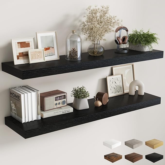 Fun Memories 55 Inch Fireplace Mantel Shelf, 12 Inch Deep Shelves for Display & Wall Storage, Rustic Wood Wall Shelf, Extra Long Floating Shelves for Bathroom Bedroom Living Room, Black, 2 Pack