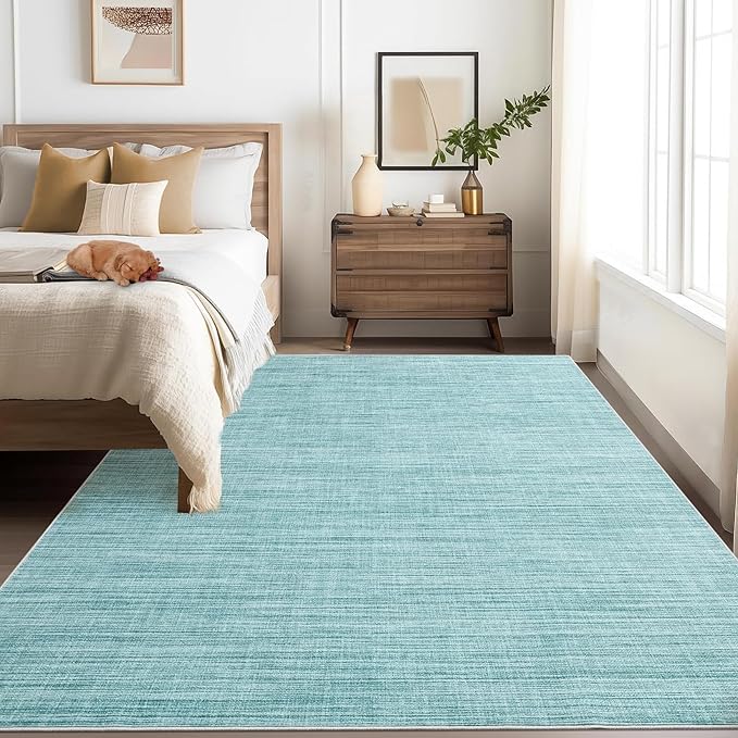 5x7 Washable Rugs Non Slip Minimalist Area Rug for Bedroom Soft Low Pile Solid Color Large Bedroom Throw Carpet Stain Resistant Classic Neutral Area Rug Plain Boho Rugs for Kitchen Nursery, Blue