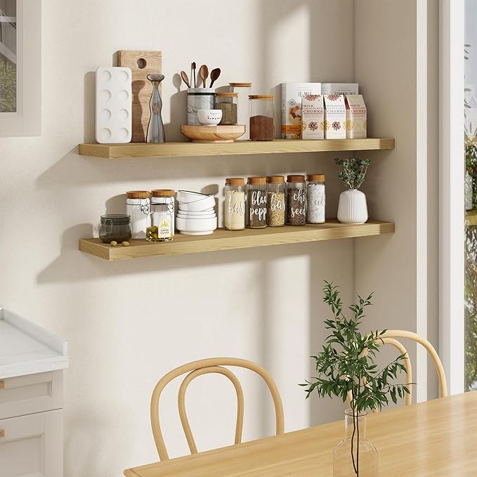 Fun Memories 55 Inch Long Floating Shelves for Wall, 55x9.3 Large Floating Shelf for Bedroom, Kitchen, Bathroom, Wall Mounted Rustic Wood Shelves with Invisible Bracket for Books, Decor, Oak