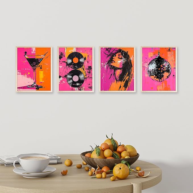 Eastern Print Disco Abstract Wall Art Set of 4, Retro Vinyl Record & Disco Ball Posters, Pink and Orange Wall Decor for Home and Kitchen, Record Wall Art, Abstract Poster, 8x10 Unframed