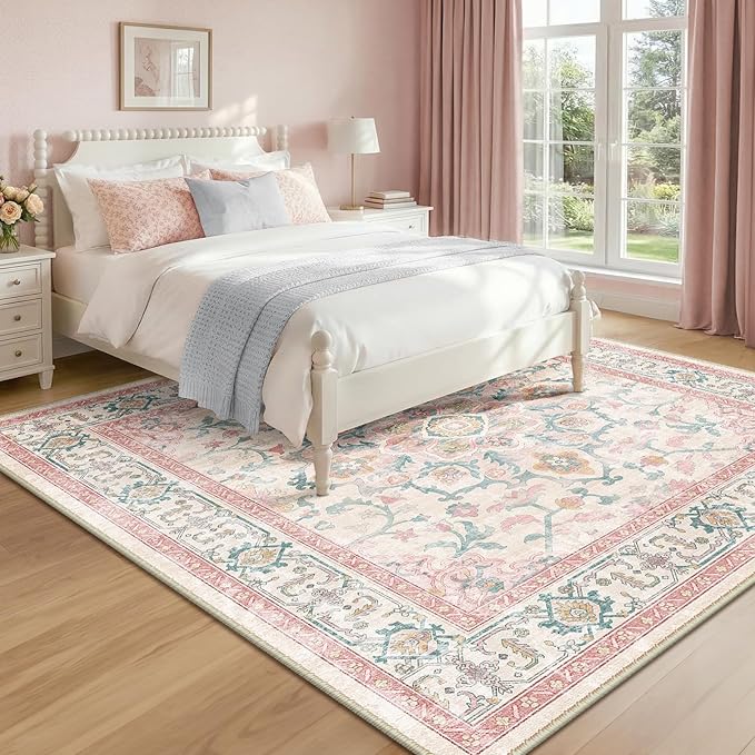 CAPALOCA Machine Washable Rugs Nursery Rug Sq8ft Cute Girl Non Slip Low Pile Water Repellent Soft Print Pattern for Bedroom Indoor Decor Kids Playroom Pink Teal