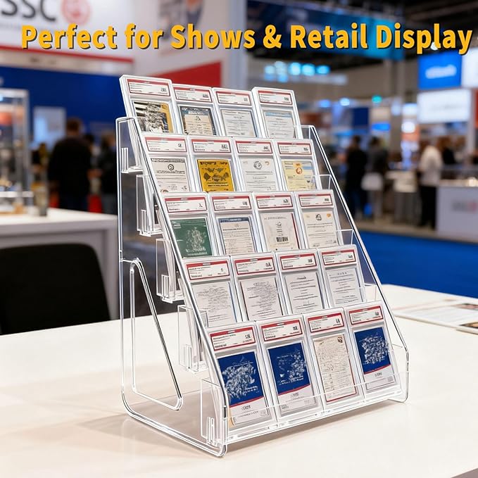 Large 5-Tier Trading Card Display Stand – Vertical Shelf Rack Holder for Baseball Basketball Sports Graded Game Greeting Card Display, Snap-On Assembly