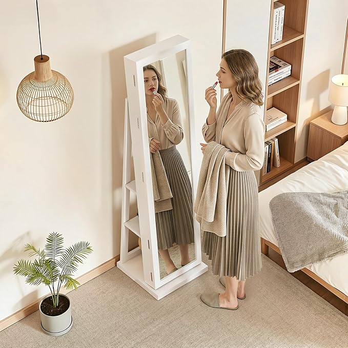 4-In-1 Jewelry Armoire with Full-Length Mirror, 360° Swivel Lockable Jewelry Cabinet Standing with 3 Storage Shelves & Vanity Mirror, Jewelry Organizer with Storage for Gift Idea, White