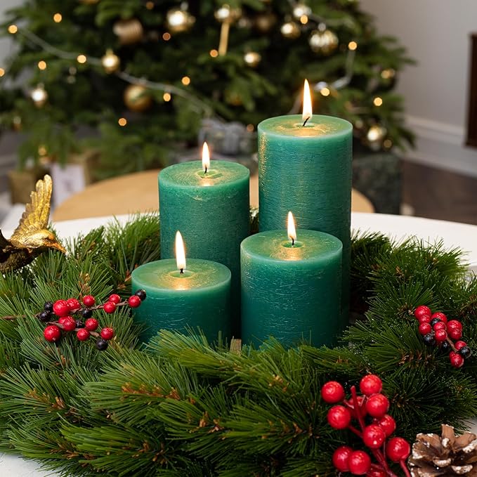 CANDWAX 3x4 Inch Green Pillar Candles Set of 3 - Unscented Dripless Rustic Green Candles for Special Occasions, Weddings, Home Décor, Christmas Decorations