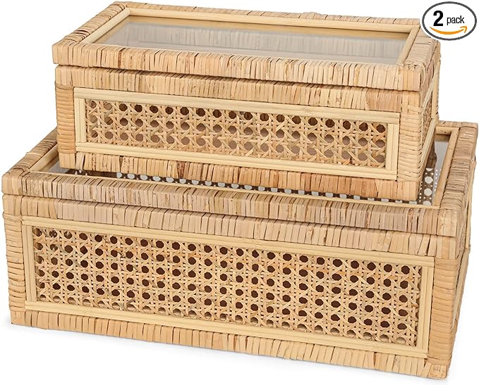 Large Handwoven Boho Rattan Display Boxes with Glass Lids - Set of 2 Rectangular Decorative Storage Bins - Natural Woven Cane Home Decor Organizers (15.55" x 9.64" x 5.9" & 12.48" x 6.88" x 4.52")