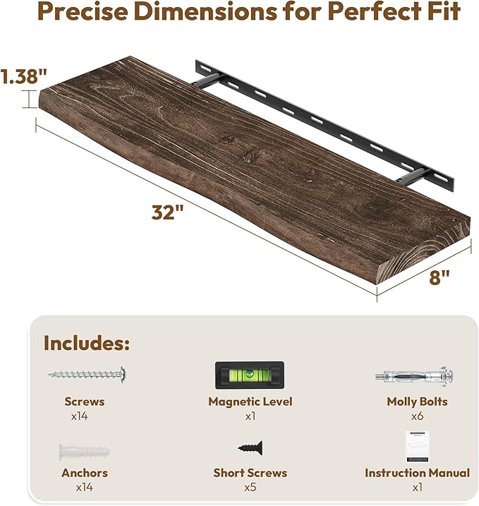 Vivelove Live Edge Floating Shelves for Wall Solid Elm Wood, Rustic Farmhouse Wall Shelf with Invisible Bracket for Living Room Bedroom Bathroom Office Book, 32 Inches - Set of 2 - Dark Walnut