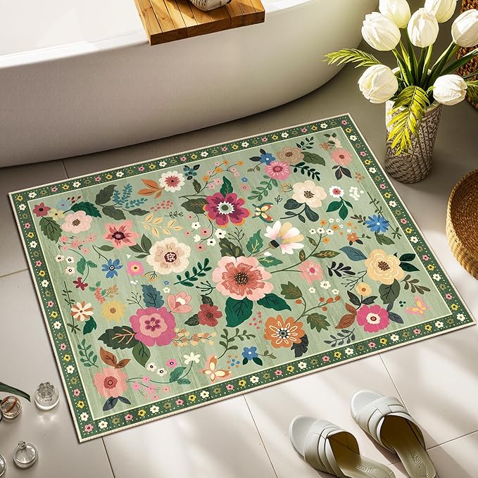 RELEANY Floral Nursery 2x3 Area Rugs Washable Print Boho Cute Carpet Non Slip Flower Low Pile for Living Room Kids Girls Playroom Bedroom Kitchen Office Farmhouse-Light Green