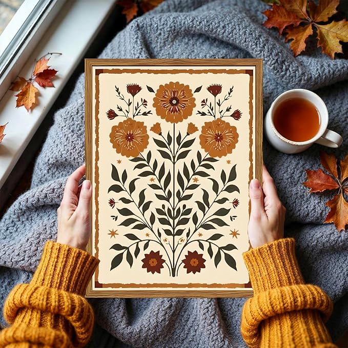 Framed Vintage Mexican Floral Wall Art, Boho Flower Pictures Wall Decor, Folk Marigolds Botanical Paintings Canvas Prints Rustic Home Decor for Living Room Bedroom 16x24 inch