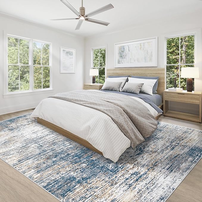 XLUEZ 8x10 Area Rugs for Living Room, Washable Modern Abstract Large Area Rug Neutral Soft Non Slip Kids Rug Stain Resistant Indoor Carpet for Bedroom Nursery Dining Children's Room(BlueWhite, 8'x10')