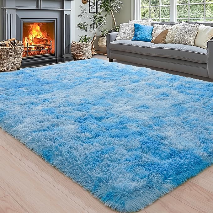 Area Rugs for Living Room 6x9, Ultra Soft Fluffy Rug for Bedroom, Modern Shaggy Carpets Fuzzy Rug for Girls Boys Room Home Indoor Nursery Teens Dorm Decor, Upgrade Non-Slip Durable, Tie-Dye Blue