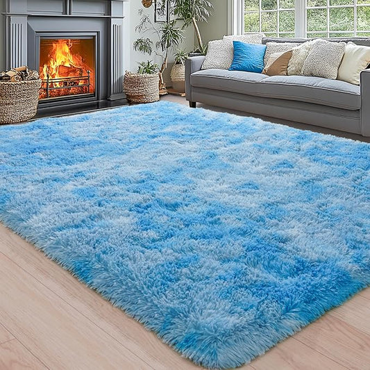 Area Rugs for Living Room 6x9, Ultra Soft Fluffy Rug for Bedroom, Modern Shaggy Carpets Fuzzy Rug for Girls Boys Room Home Indoor Nursery Teens Dorm Decor, Upgrade Non-Slip Durable, Tie-Dye Blue