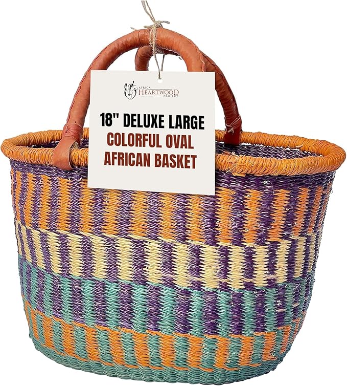 Africa Heartwood Project - Deluxe Large Oval Colorful African Basket with Leather Handle - Classic Heartwood Bolga Market Basket from Women in Bolgatanga, Ghana - 18" Oval Flat-packed