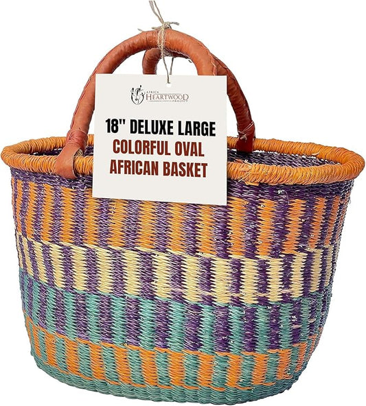 Africa Heartwood Project - Deluxe Large Oval Colorful African Basket with Leather Handle - Classic Heartwood Bolga Market Basket from Women in Bolgatanga, Ghana - 18" Oval Flat-packed