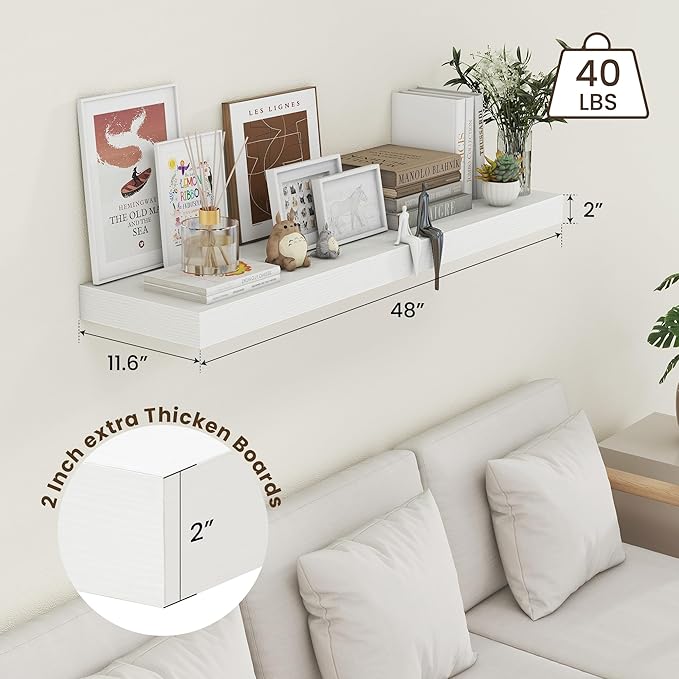 FLYJOE 48 Inch White Floating Shelf | 12 Inch Deep Floating Shelves Set of 1 | 48" D x 12" D Rustic Wood Shelves for Wall | Deep White Shelves for Living Room Bathroom Laundry Room Kitchen