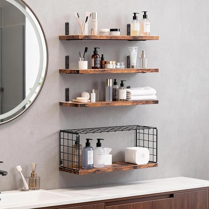 Floating Shelves with Wire Storage Basket, Over Toilet Bathroom Shelves with Metal Guardrail, Wood Wall Shelves for Bathroom, Bedroom, Kitchen - Dark Brown