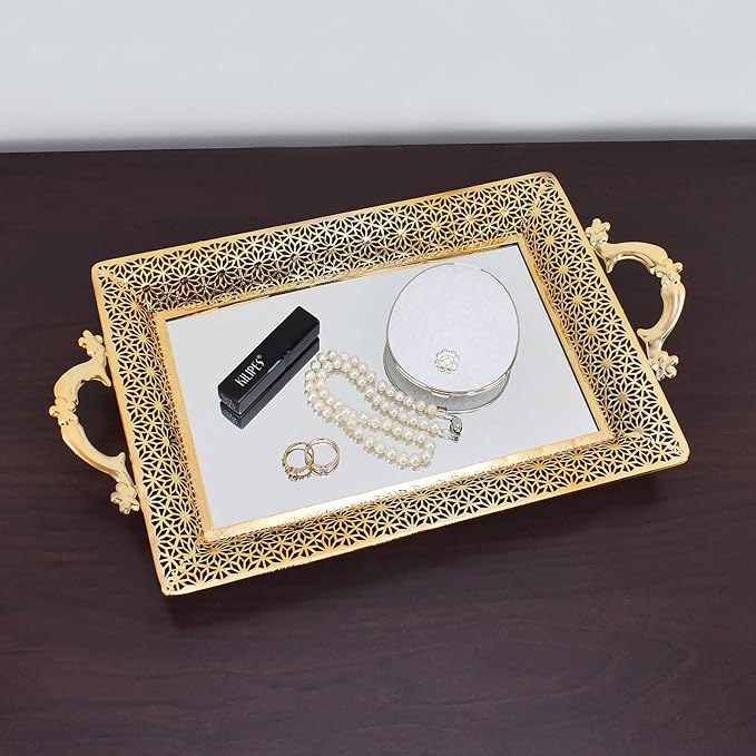 Decorative Glass Mirrored Tray Home Decor Vanity Tray for Dresser Make Up Jewelry Organizer Gold Perfume Tray Rectangle