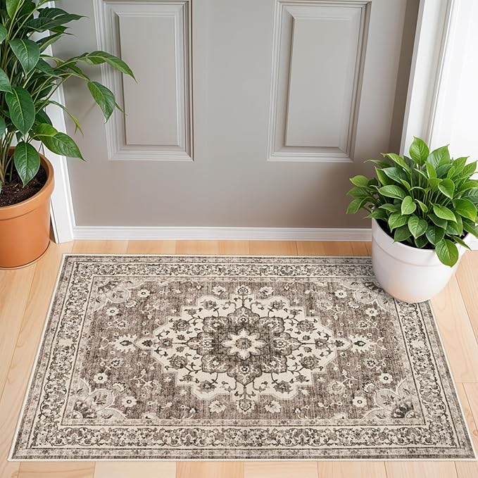 Washable Oriental Area Rug - 2x3 Rugs for Living Room Soft Carpet for Bedroom Waterproof Floral Distressed Indoor Stain Resistant Non-Shedding Floor Carpets (Beige, 2x3)