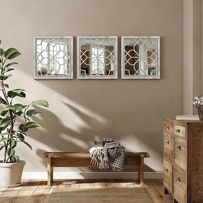 Set of 2 18 Inch Large Square Grey Window Pane Wall Mirrors, Shatterproof Rustic Farmhouse Boho Vintage Accent Mirrors for Living Room, Bedroom, Bathroom, Entryway & Home Decor