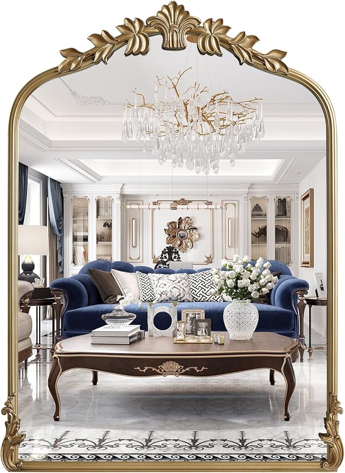 WallBeyond Gold Antique Mirror for Vanity 22x30 Inch, Gold Vintage Mirror with Ornate Frame, Arched Vintage Wall for Bathroom, Living Room, Fireplace
