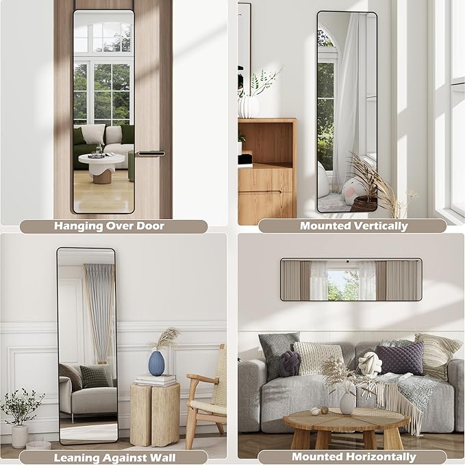 Full Length Door Mirror 14x48, Metal Frame with Protective Film, No-Drilling Hanging or Wall Mount (Horizontal/Vertical), Hooks & Hardware Included, Full Body Mirror for Bedroom, Dorm, Black