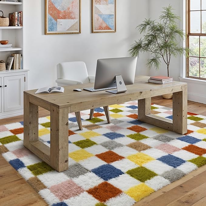 PureCozy Checkered Rug 5x8 for Living Room, Colorful Modern Shag Rug Super Soft Washable Indoor Fuzzy Carpet Non-Slip Fluffy Rugs for Bedroom Home Aesthetic Decor