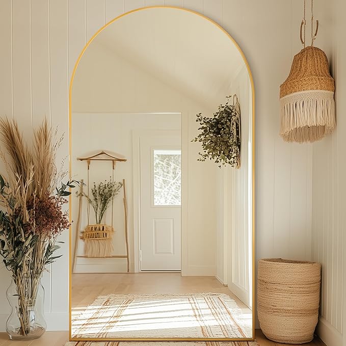 Antok Full Length Mirror, 44"x82" Floor Mirror with Stand, Hanging Mounted Mirrors for Bedroom, Living Room, Cloakroom, Dining Rooms, Gold, Arched