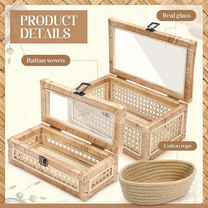 Set of 2 Boho Rattan Decorative Box with Glass Lid Rectangular Woven Cane Stacking Boxes for Display Rustic Farmhouse Storage Basket Bins for Home Decoration