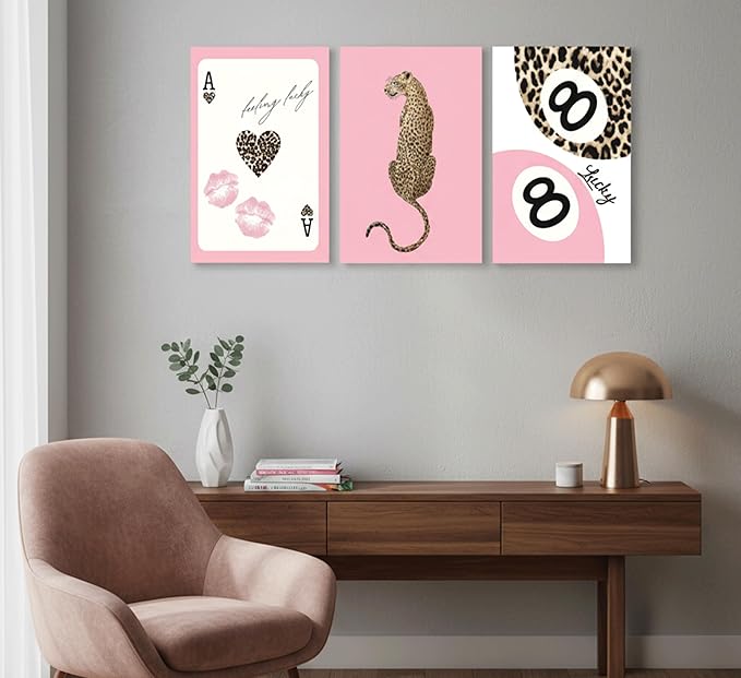 3Pcs Pink Trendy Leopard Print Canvas Wall Art, Fashion Cheetah Posters,Luxury Playing Card Pictures,Y2k Preppy Aesthetics Wall Decor for Girls' Room Bedroom Dorm Apartment. 16x24in Framed