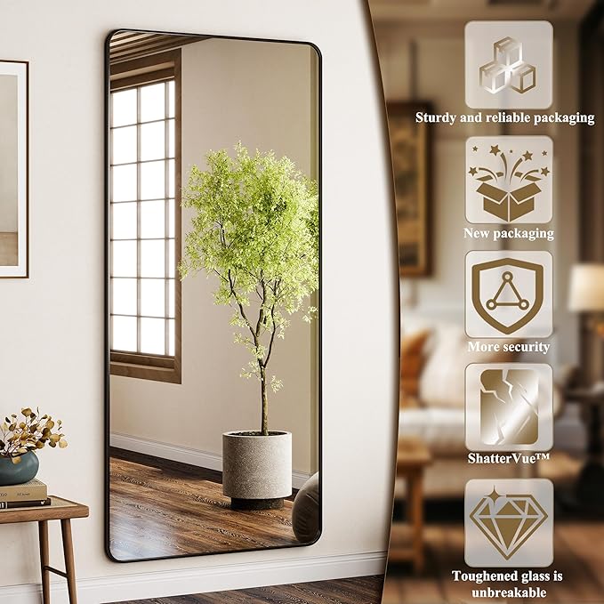 BEAUTYPEAK Black Full Length Mirror, 76"x34" Rounded Corner Floor Mirror Standing Hanging or Leaning Against Wall, Suitable for Bedroom or Dressing Room