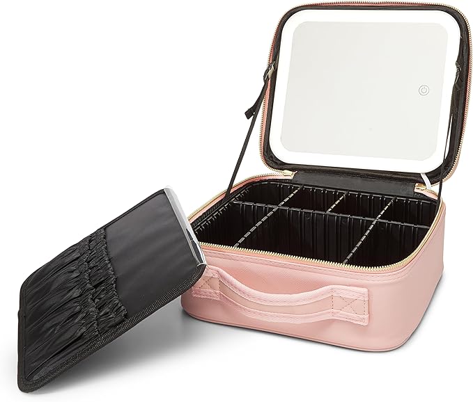 (Case Pink) Portable Travel Case Makeup Organizer Storage Bag Makeup Case Makeup Bag With Led Light Mirror