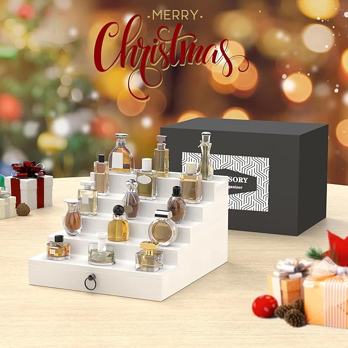 upcessory Cologne Organizer for Men, 5 Tier Black Cologne Shelf, Perfume Stand with Drawer and Hidden Compartment Perfume Display Holder - A Gift for Men