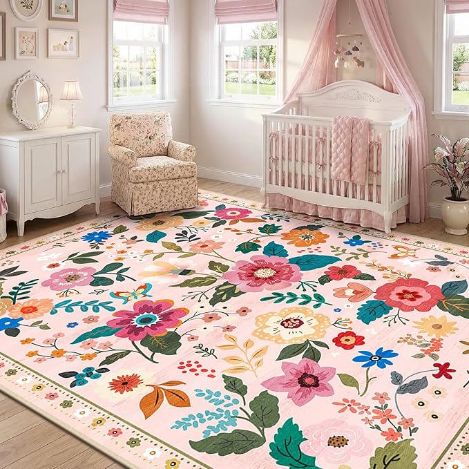 RELEANY Floral Nursery 9x12 Area Rugs Washable Print Boho Cute Carpet Non Slip Flower Low Pile for Living Room Kids Girls Playroom Bedroom Kitchen Office Farmhouse-Pink