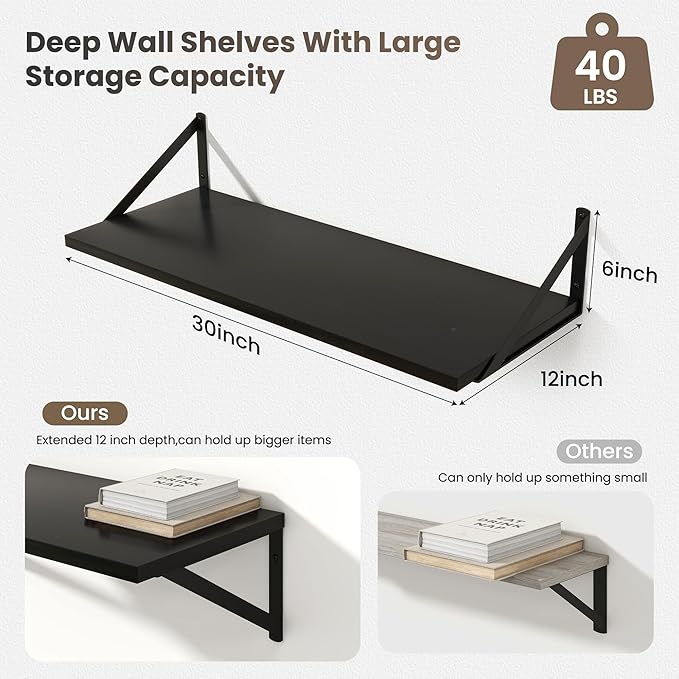 Marsmiles 30 Inch Floating Shelves | 12 Inch Deep Black Wall Shelves Set of 2 | 30" W x 12" D Rustic Black Wood Floating Shelves for Living Room Bedroom Bathroom