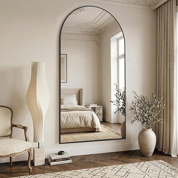 Suidia 86"x46" Arched Full Length Mirror with Stand, Full Body Mirror with Aluminum Frame, Freestanding/Leaning/Wall-Mounted, Floor Mirrors for Bedroom, Living Room, Entryway, Dressing Room, Black