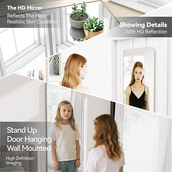 SCWF-GZ 57x20 Door Hanging Full Length Mirror, Floor (Height 5.7ft just Body in 1.3ft) or Wall Mounted Metal Frame Rectangle Dressing Mirrors for Bedroom Bathroom Living Room 57 inch Silver