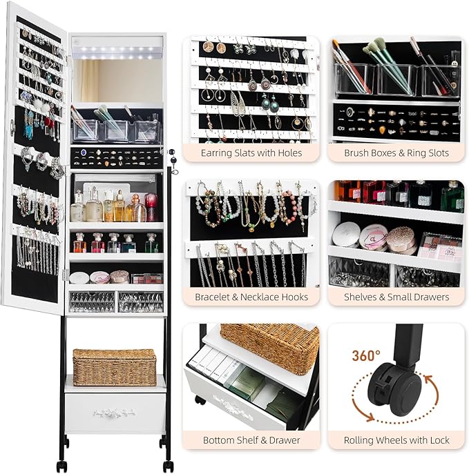 White Floor Standing Mirror Jewelry Full Mirror Armoire Cabinet, Storage Organizer w/LED Light Makeup Mirror for Bedroom Jewelry Boxes & Organizers Standing Jewelry Armoire Jewelry Cabinet 47x42x165CM